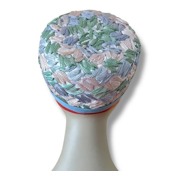 Vintage 1960s Womens Dress Hat Raffia Ribbon Woven Pastels Easter Wedding Derby - Picture 14 of 16
